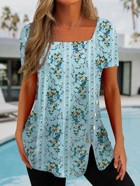 

Casual Floral Square Neck Shirt, Blue, Shirts & Blouses