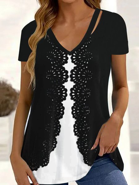

Daily Casual Devore Contrast Color Stitching Knit Top, Black, Shirts & Blouses