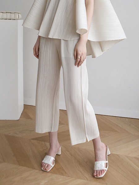 

Micro Pleat Loose Plain Elegant Fashion Pants, Cream, Pants