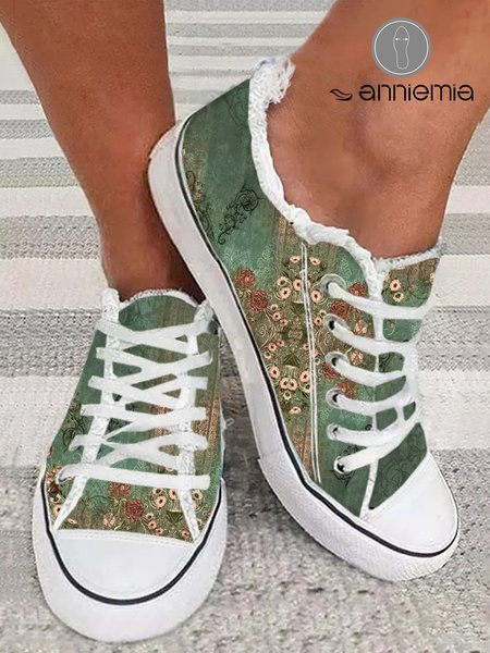 

Floral Tribal Print Raw Hem Lace-up Canvas Shoes, Green, Sneakers