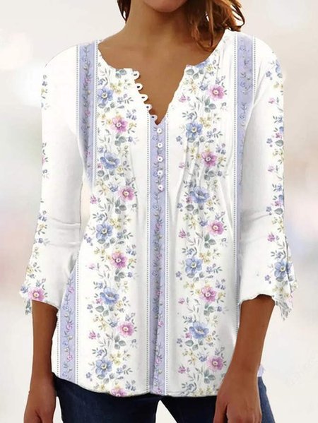 

Plus Size Half Open Collar Floral Casual Loose T-Shirt, Light purple, T-Shirts