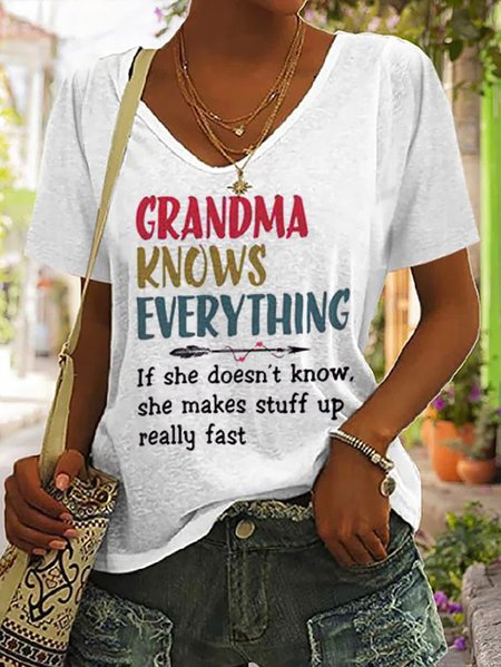 

Casual V Neck Grandma Knows Everthing Loose T-Shirt, White, T-Shirts