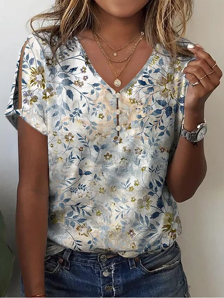 

Cotton V Neck Loose Floral Casual T-Shirt, Blue, T-Shirts