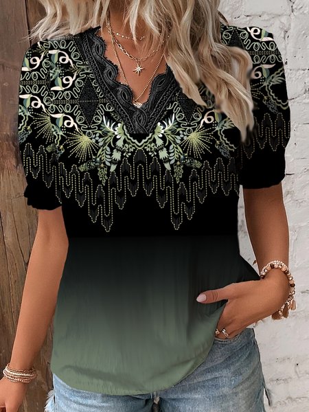 

Lace V Neck Casual Ethnic Shirt, Green, Shirts & Blouses