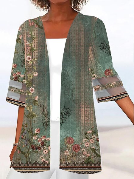 

Floral Casual Mesh Loose Three Quarter Kimono, Green, Cardigans