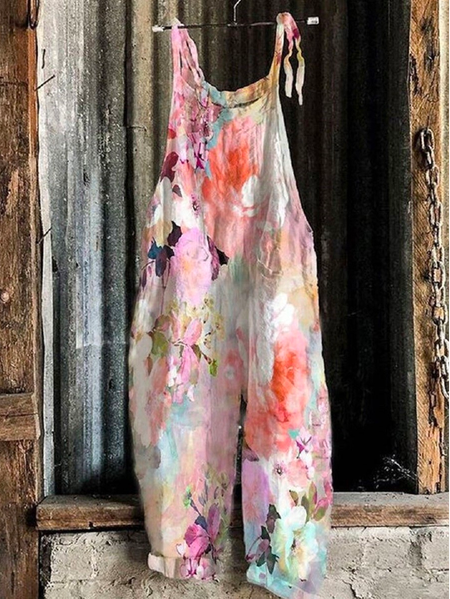 

Spaghetti Cotton Casual Pink Casual Floral Printed Sleeveless Jumpsuit, Jumpsuits＆Rompers