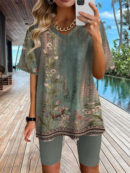 

Ethnic Loose V Neck Vintage Two-Piece Set, Green, Suit Set