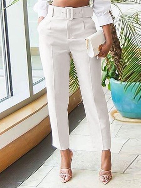 

Loose Plain Casual Solid Belted High Waist Pants, White, Pants
