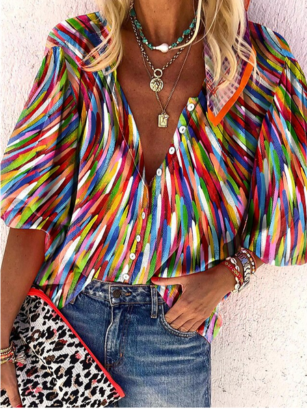 

V Neck Casual Loose Blouse, Red, Shirts & Blouses