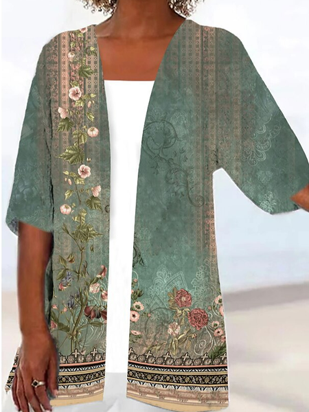 

Vintage Ethnic V Neck Loose Kimono, Green, Cardigans