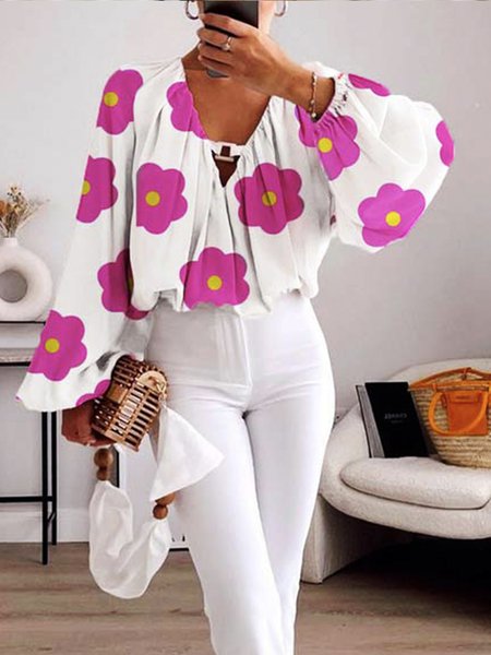 

Daily V Neck Elegant Floral Regular Fit Shirt, Rose red, Blouses and Shirts