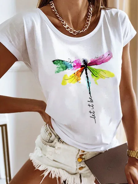

Loose Casual Crew Neck Dragonfly T-Shirt, White, T-Shirts
