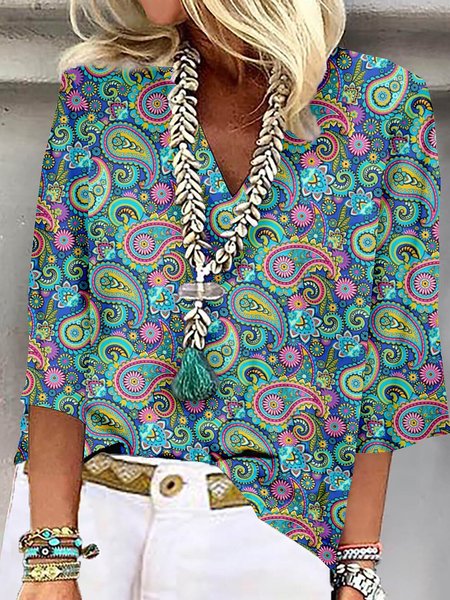 

Casual V Neck Cashew Flowers Shirt, Green, Shirts & Blouses