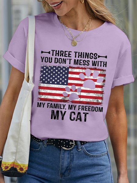 

Women's Cotton Three Things You Don't Mess With My Family My Freedom My Cat July 4th Cool Cat T-Shirt, Purple, T-shirts