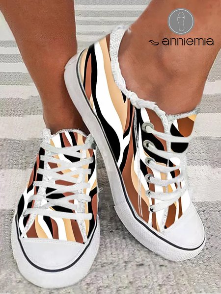 

Abstract Print Raw Hem Lace-Up Canvas Shoes, As picture, Sneakers