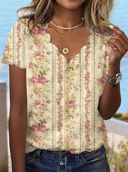 

Knitted Loose Casual Floral T-Shirt, Light khaki, T-Shirts