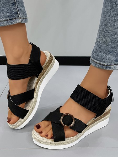 

Women Buckle Decor Hook-and-loop Wedge Heel Espadrille Sandals, Black, Sandals & Slippers