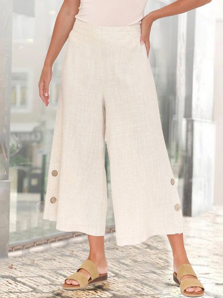 

Buttoned Plain Linen Casual Pants, Apricot, Pants