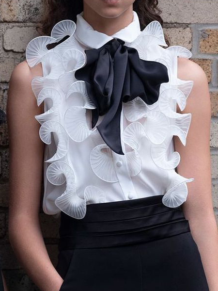 

Regular Fit Sleeveless Shirt Collar Color Block Urban Blouse, White, Blouses and Shirts