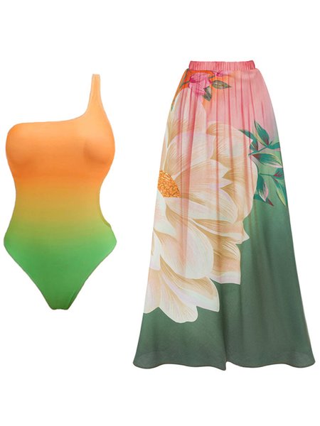 

Vacation Ombre Printing One Piece With Cover Up, Multicolor, Swimsuit with Coverups