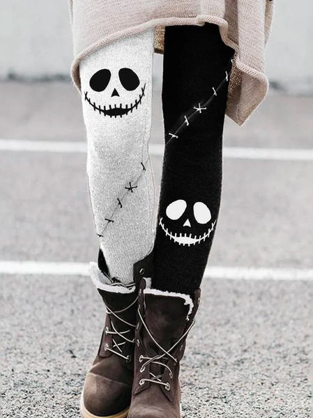 

Tight Casual Cartoon Halloween Spooky Face Contrast Color Leggings, Multicolor, Leggings
