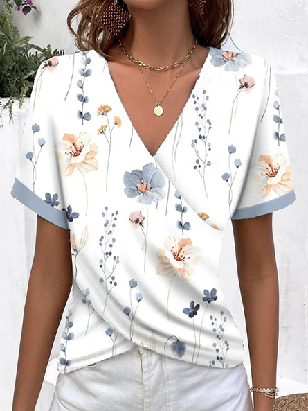

Loose Floral Casual V Neck Shirt, White, Shirts & Blouses