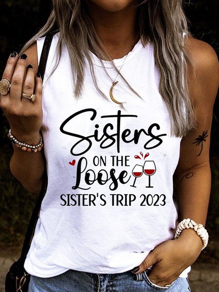 

Casual Crew Neck Loose Text Letters Tank Top, White, Tanks & Camis
