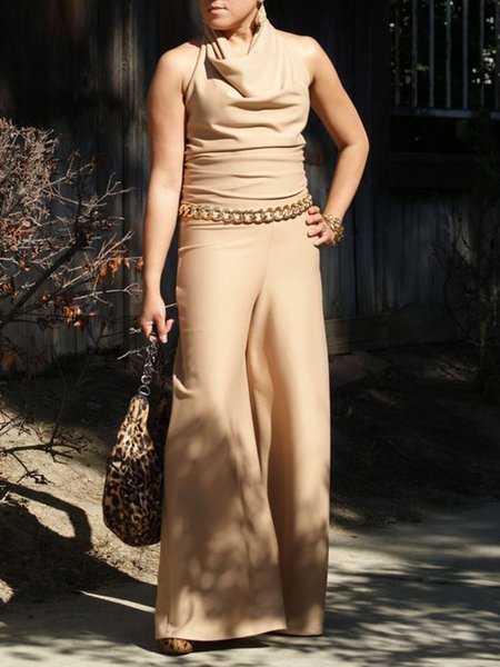 

Halter Elegant Regular Fit Sleeveless Jumpsuit, Khaki, Jumpsuits