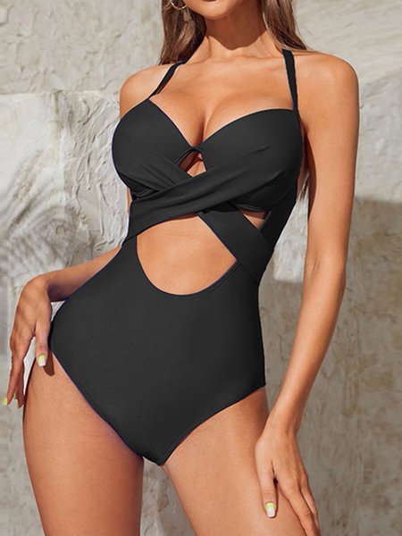 

Sexy Hollow Out Plain Notched One-Piece Swimsuit, Black, Swimwear