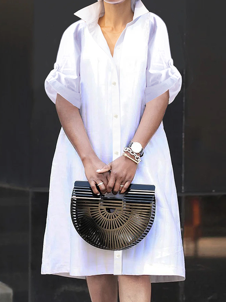 

Loose Plain Shirt Collar Short sleeve Urban Short Dress, White, Mini Dresses