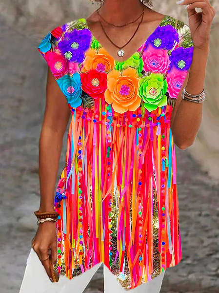 

Casual Ombre V Neck Loose Floral Color Block Asymmetric Print Sleeveless Casual Holiday Basic V Neck Shirt, Pink, Shirts & Blouses