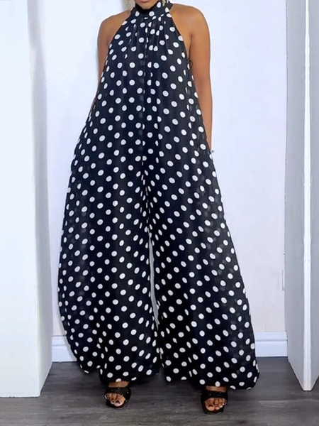 

Loose Polka Halter Dots Sleeveless Urban Jumpsuit, Black, Jumpsuits