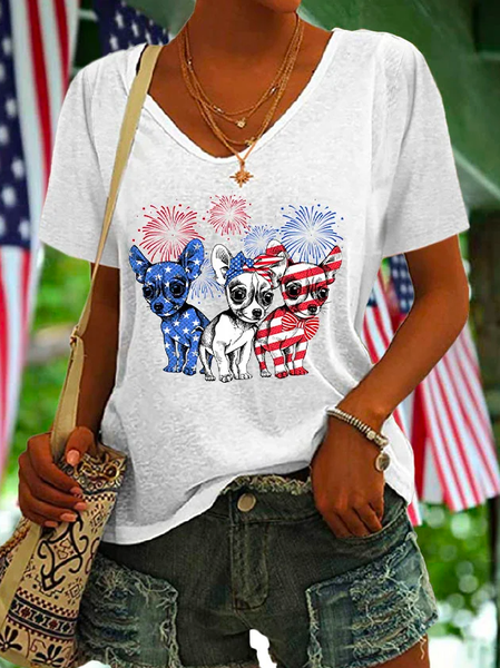 

Casual V Neck Animal Loose Blue White Red Puppy Fireworks Print Women's T-shirt, T-Shirts
