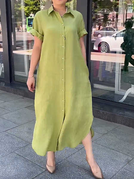 

Loose Urban Shirt Collar Short sleeve Shirt Dress, Green, Midi Dresses