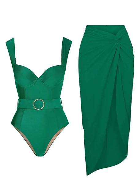 

Vacation Plain Sash Notched One Piece With Cover Up, Green, Swimsuit with Coverups