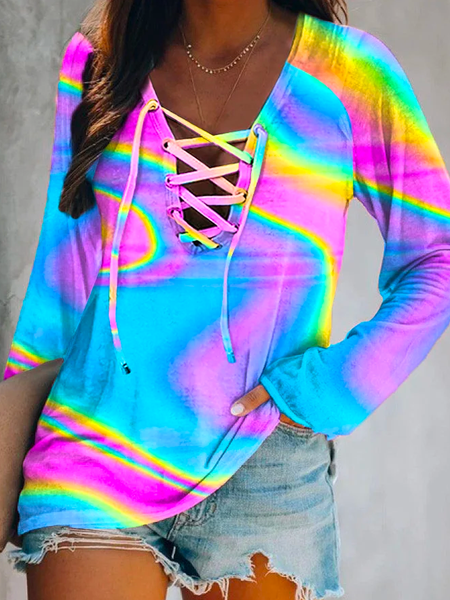 

Color Tie-dye Lace Up Long Sleeve Casual V Neck Loose Ombre T-Shirt, Blue, T-Shirts