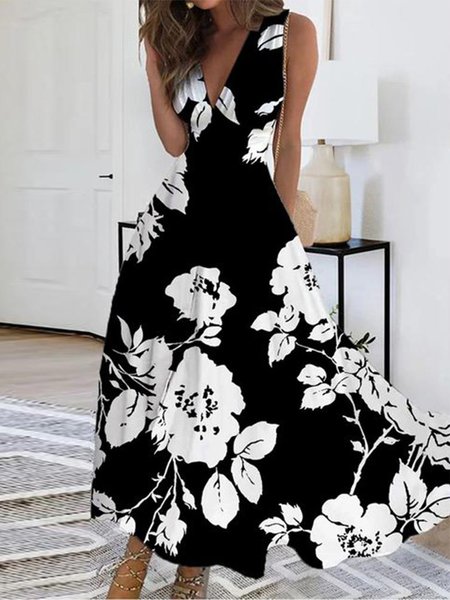 

Regular Fit V Neck Floral Elegant Dress, Black, Dresses