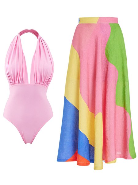 Vacation Color Block Printing V Neck One Piece With Cover Up, Pink, Swimsuit with Coverups