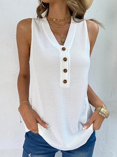 

Plain V Neck Casual Buttoned Tank Top, White, Tanks & Camis