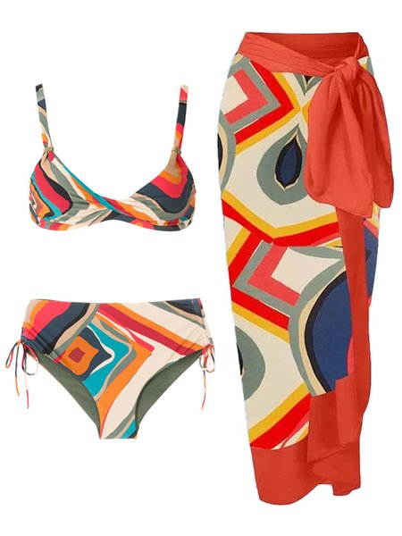 

Vacation Abstract Printing Notched Bikini With Cover Up, Multicolor, Swimsuit with Coverups