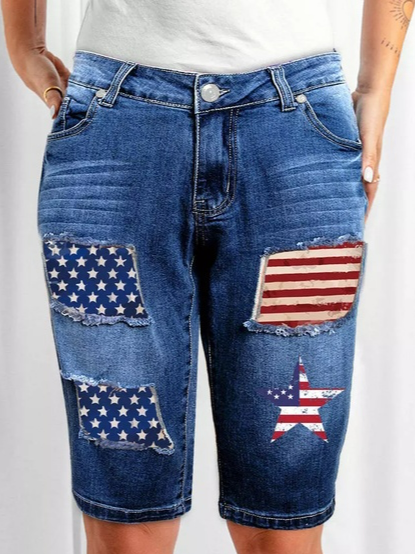 

Casual Striped Denim Denim Shorts, Black, Shorts