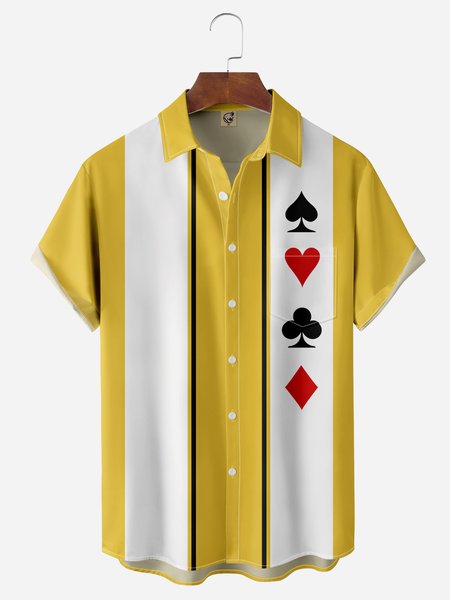 

Poker Symbols Chest Pocket Short Sleeve Bowling Shirts, Yellow, Men Shirts