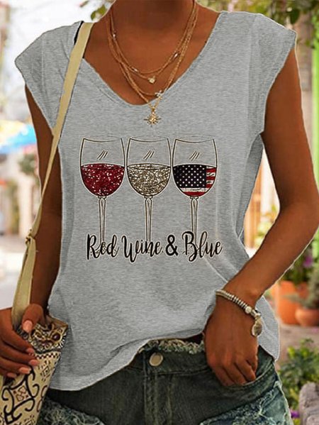 

Flag Loose Casual V Neck T-Shirt, Gray, Tanks & Camis