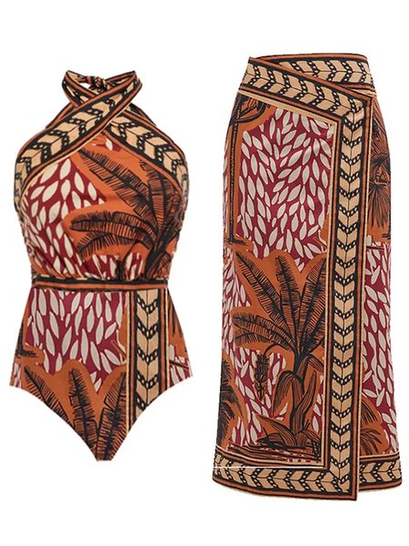 

Vacation Abstract Printing One Piece With Cover Up, Red brown, Swimsuit with Coverups