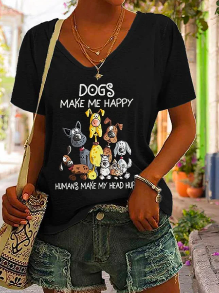 

Animal Casual V Neck Loose Dogs Make Me Happy Print Women's T-shirt, Black, T-Shirts