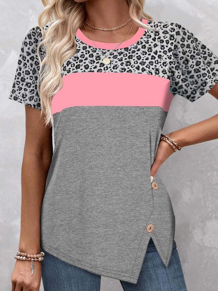 

Crew Neck Buttoned Casual Leopard T-Shirt, Pink, T-Shirts
