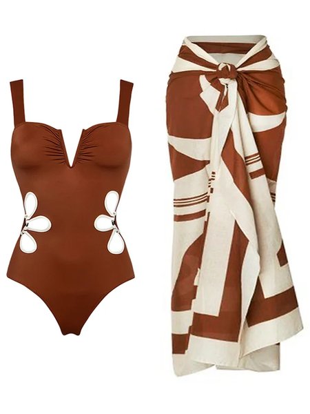 

Vacation Abstract Hollow Out One Piece With Cover Up, Brown, Swimsuit with Coverups
