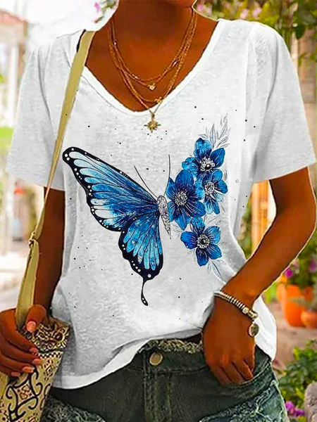 

Casual Butterfly V Neck Loose Blue Flowers And Butterfly Print Women's T-shirt, White, T-Shirts