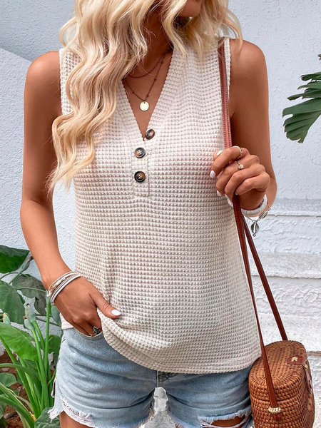 

Loose V Neck Casual Buttoned Half Button Waffle Knit Tank Top, Apricot, Tanks & Camis