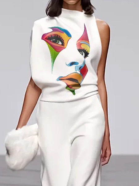 

Loose High Elasticity Urban Stand Collar Sleeveless Face Shirt, White, Blouses and Shirts
